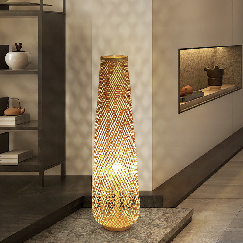 Contemporary Boho Bamboo Column Lantern Floor Lamp - 1-Light Standing Design for Living Room