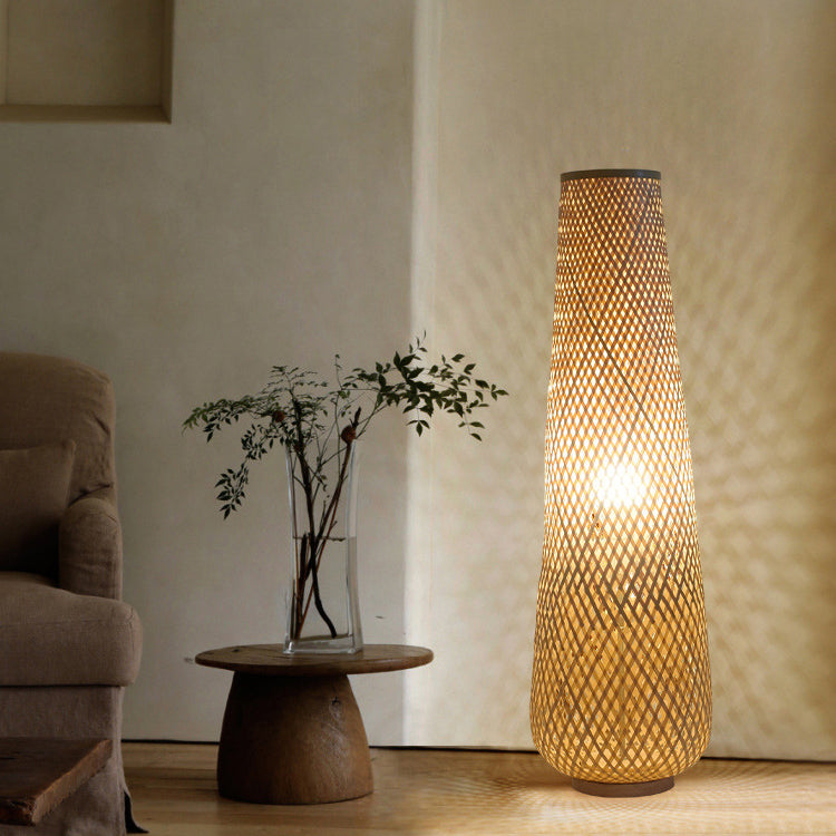 Contemporary Boho Bamboo Column Lantern Floor Lamp - 1-Light Standing Design for Living Room