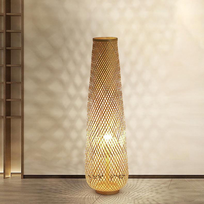 Contemporary Boho Bamboo Column Lantern Floor Lamp - 1-Light Standing Design for Living Room
