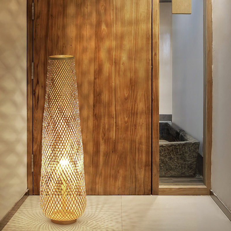 Contemporary Boho Bamboo Column Lantern Floor Lamp - 1-Light Standing Design for Living Room