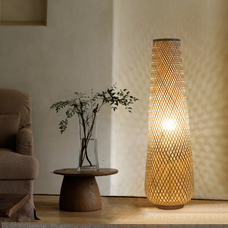 Contemporary Boho Bamboo Column Lantern Floor Lamp - 1-Light Standing Design for Living Room