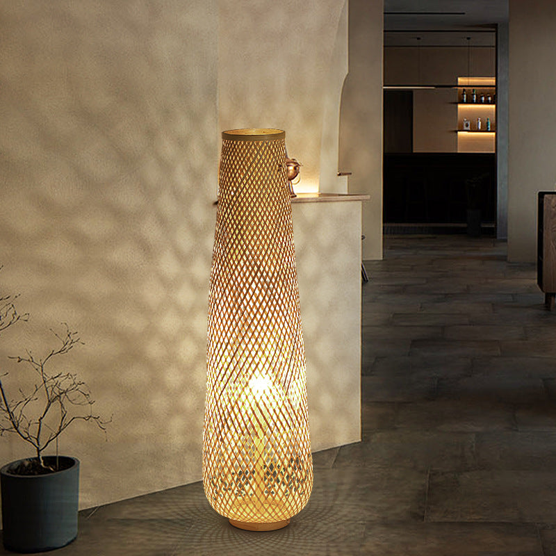 Contemporary Boho Bamboo Column Lantern Floor Lamp - 1-Light Standing Design for Living Room