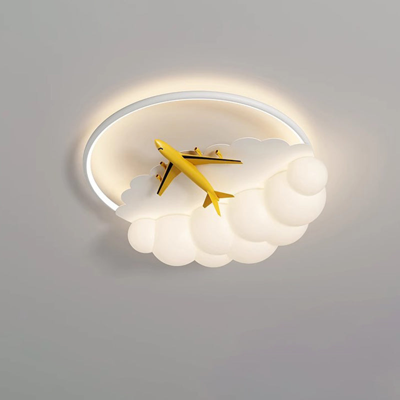 Contemporary Nordic Kids Iron Acrylic Resin Round Plane Cloud LED Flush Mount Ceiling Light, Modern Bedroom Lighting Fixture, Unique Children’s Room Decor, Energy-Efficient LED Ceiling Light, Stylish Cloud Design for Kids, Adjustable Brightness, Easy Inst