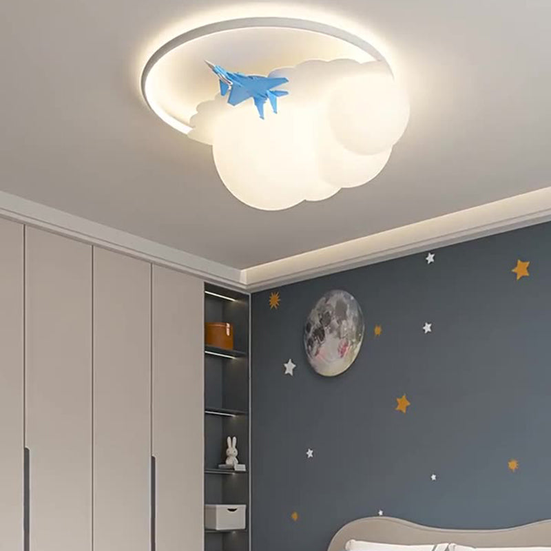 Contemporary Nordic Kids Iron Acrylic Resin Round Plane Cloud LED Flush Mount Ceiling Light, Modern Bedroom Lighting Fixture, Unique Children’s Room Decor, Energy-Efficient LED Ceiling Light, Stylish Cloud Design for Kids, Adjustable Brightness, Easy Inst