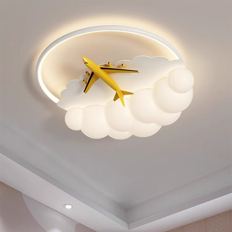 Contemporary Nordic Kids Iron Acrylic Resin Round Plane Cloud LED Flush Mount Ceiling Light, Modern Bedroom Lighting Fixture, Unique Children’s Room Decor, Energy-Efficient LED Ceiling Light, Stylish Cloud Design for Kids, Adjustable Brightness, Easy Inst