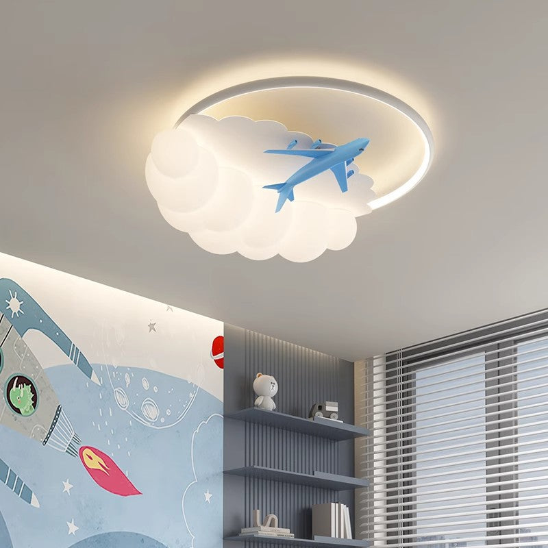Contemporary Nordic Kids Iron Acrylic Resin Round Plane Cloud LED Flush Mount Ceiling Light, Modern Bedroom Lighting Fixture, Unique Children’s Room Decor, Energy-Efficient LED Ceiling Light, Stylish Cloud Design for Kids, Adjustable Brightness, Easy Inst