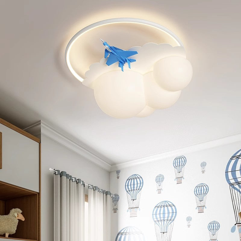 Contemporary Nordic Kids Iron Acrylic Resin Round Plane Cloud LED Flush Mount Ceiling Light, Modern Bedroom Lighting Fixture, Unique Children’s Room Decor, Energy-Efficient LED Ceiling Light, Stylish Cloud Design for Kids, Adjustable Brightness, Easy Inst