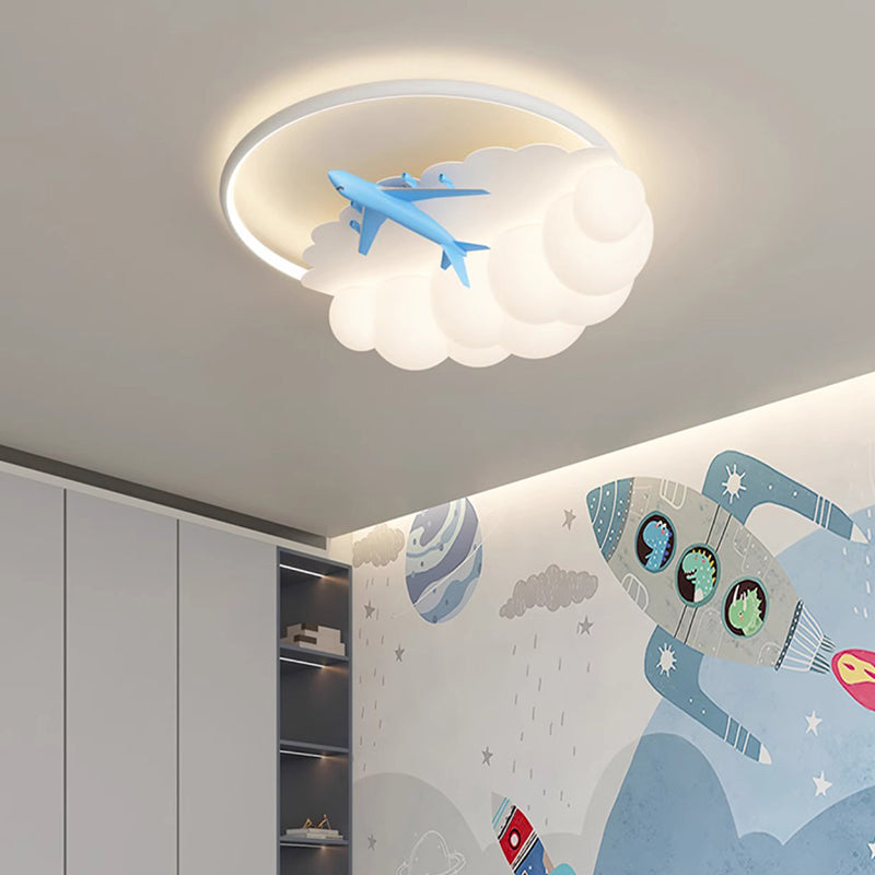 Contemporary Nordic Kids Iron Acrylic Resin Round Plane Cloud LED Flush Mount Ceiling Light, Modern Bedroom Lighting Fixture, Unique Children’s Room Decor, Energy-Efficient LED Ceiling Light, Stylish Cloud Design for Kids, Adjustable Brightness, Easy Inst