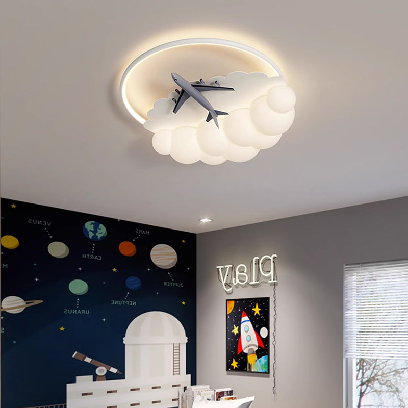 Contemporary Nordic Kids Iron Acrylic Resin Round Plane Cloud LED Flush Mount Ceiling Light, Modern Bedroom Lighting Fixture, Unique Children’s Room Decor, Energy-Efficient LED Ceiling Light, Stylish Cloud Design for Kids, Adjustable Brightness, Easy Inst