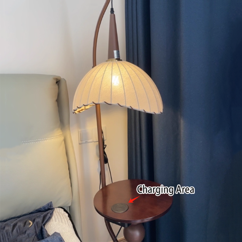Contemporary Retro Wood Iron Fabric Dome Round Shelf Floor Lamp 1-Light for Living Room