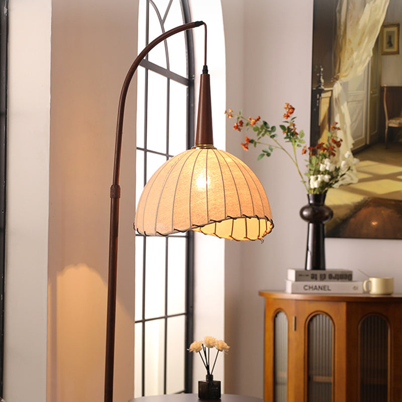 Contemporary Retro Wood Iron Fabric Dome Round Shelf Floor Lamp 1-Light for Living Room