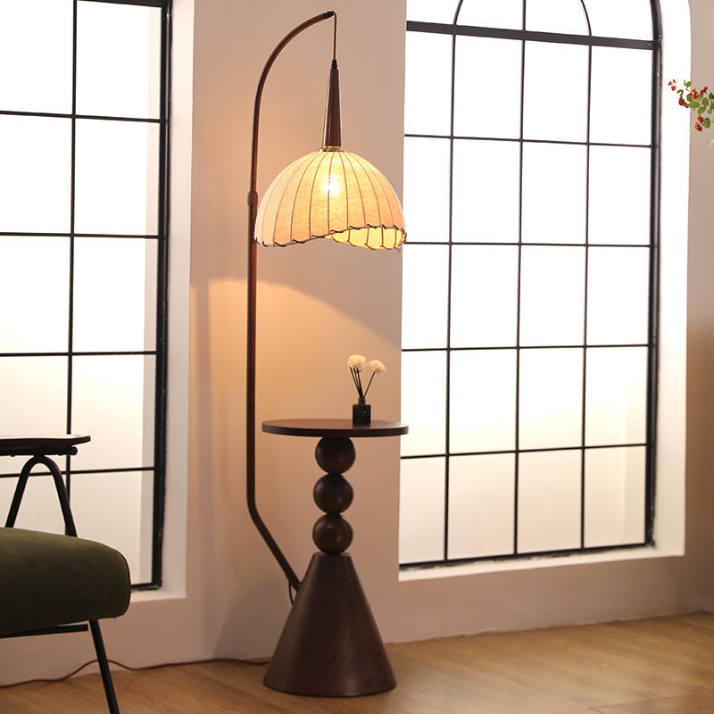 Contemporary Retro Wood Iron Fabric Dome Round Shelf Floor Lamp 1-Light for Living Room