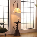 Contemporary Retro Wood Iron Fabric Dome Round Shelf Floor Lamp 1-Light for Living Room