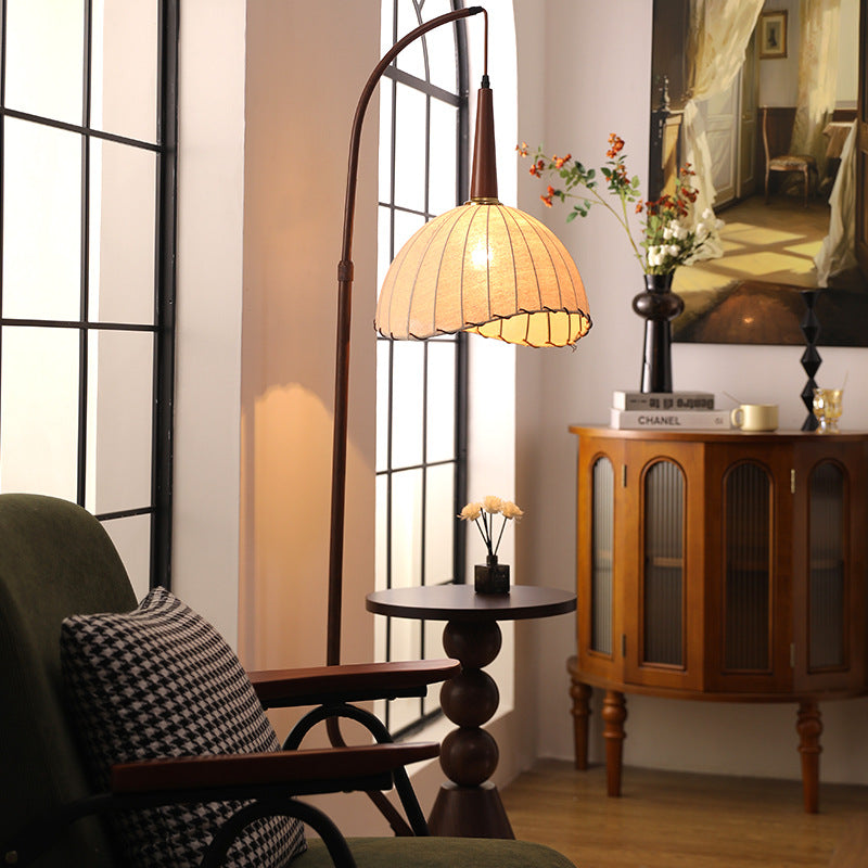 Contemporary Retro Wood Iron Fabric Dome Round Shelf Floor Lamp 1-Light for Living Room