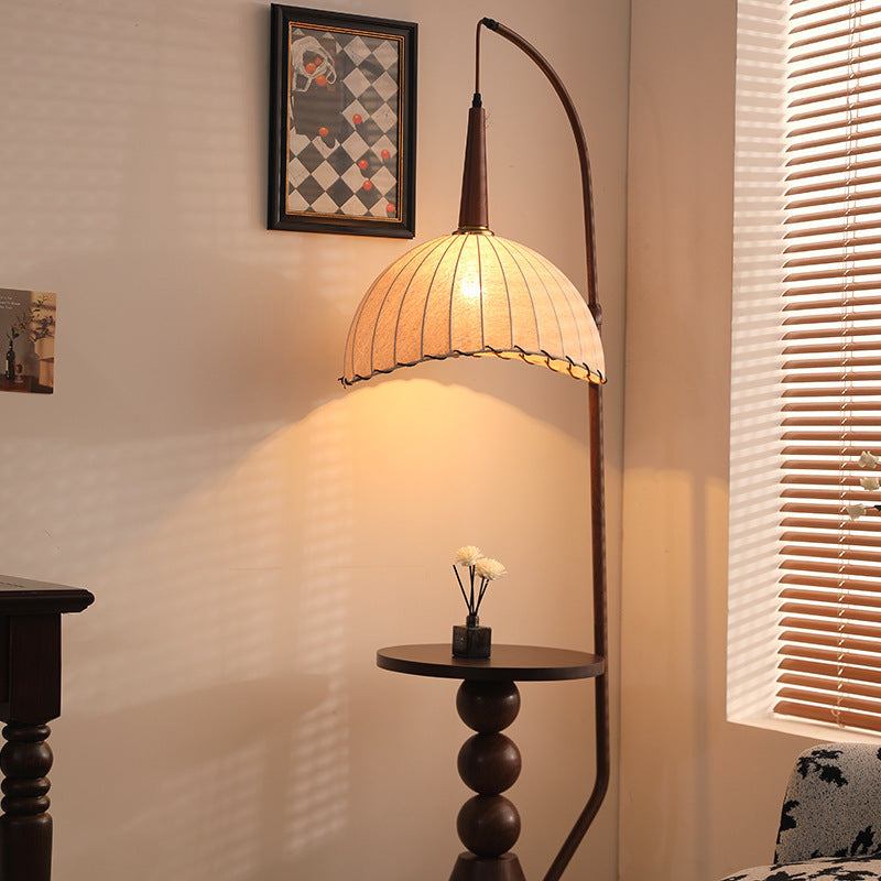 Contemporary Retro Wood Iron Fabric Dome Round Shelf Floor Lamp 1-Light for Living Room