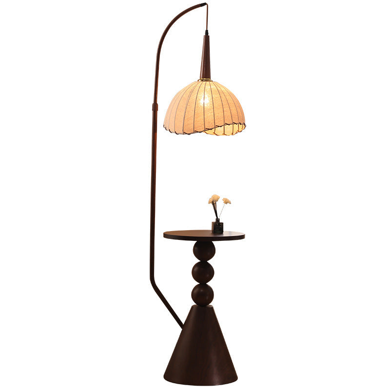 Contemporary Retro Wood Iron Fabric Dome Round Shelf Floor Lamp 1-Light for Living Room