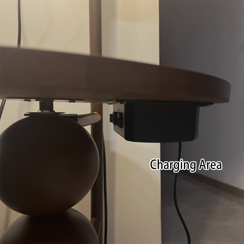 Contemporary Retro Wood Iron Fabric Dome Round Shelf Floor Lamp 1-Light for Living Room