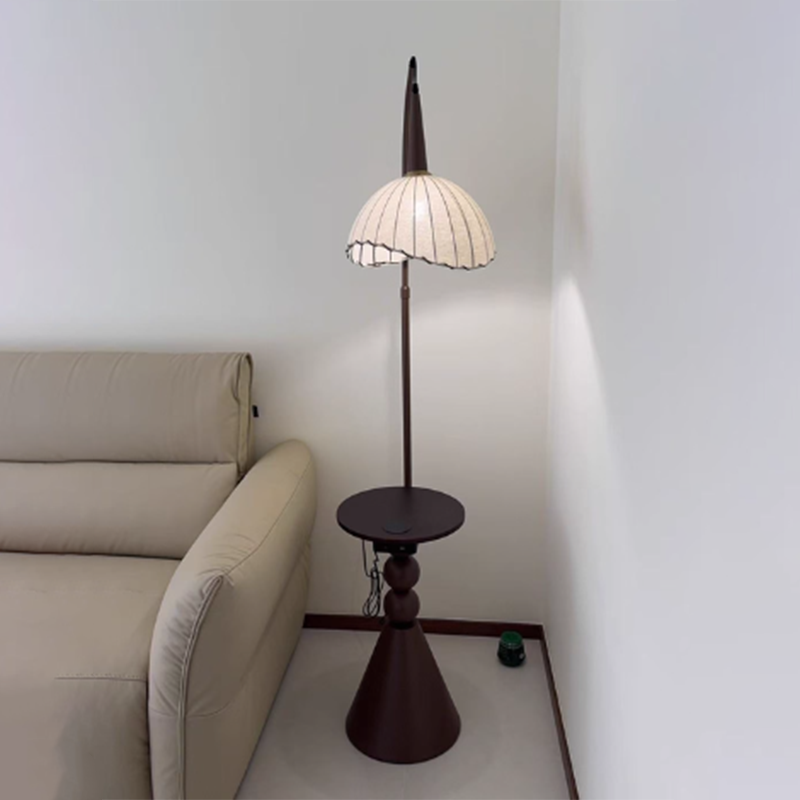 Contemporary Retro Wood Iron Fabric Dome Round Shelf Floor Lamp 1-Light for Living Room