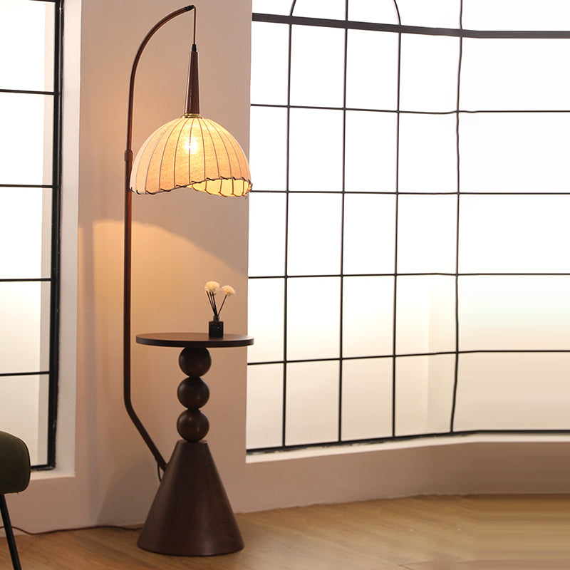 Contemporary Retro Wood Iron Fabric Dome Round Shelf Floor Lamp 1-Light for Living Room