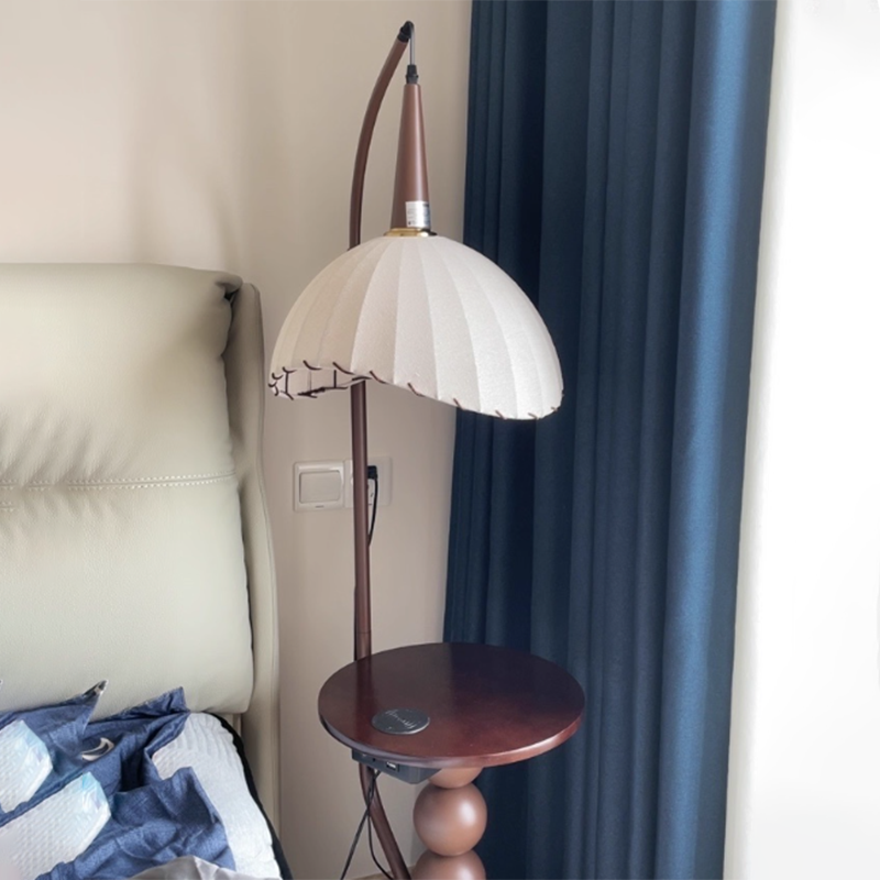 Contemporary Retro Wood Iron Fabric Dome Round Shelf Floor Lamp 1-Light for Living Room