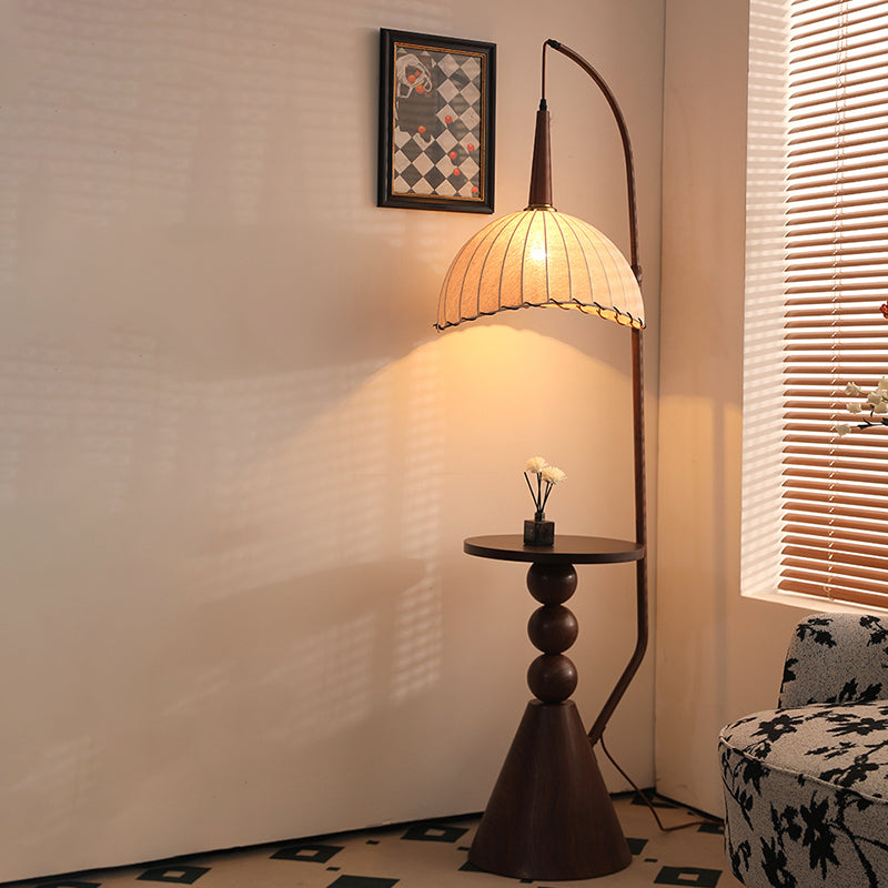 Contemporary Retro Wood Iron Fabric Dome Round Shelf Floor Lamp 1-Light for Living Room