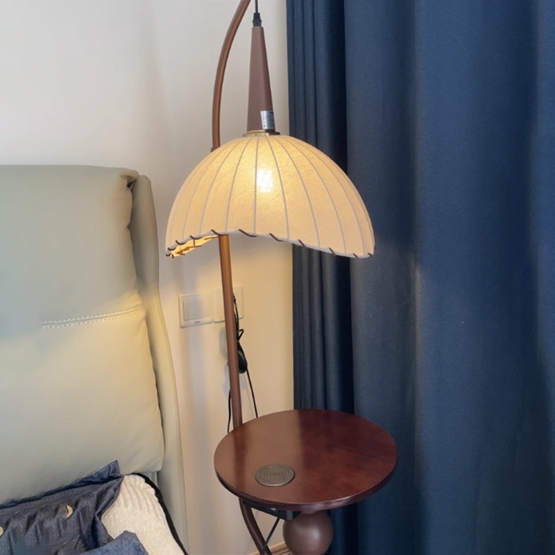 Contemporary Retro Wood Iron Fabric Dome Round Shelf Floor Lamp 1-Light for Living Room