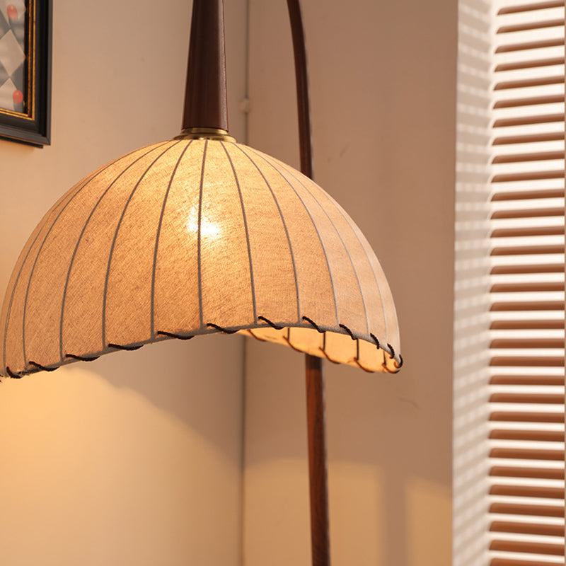 Contemporary Retro Wood Iron Fabric Dome Round Shelf Floor Lamp 1-Light for Living Room