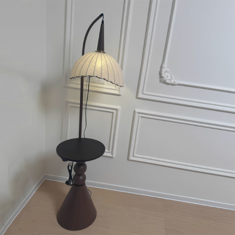 Contemporary Retro Wood Iron Fabric Dome Round Shelf Floor Lamp 1-Light for Living Room