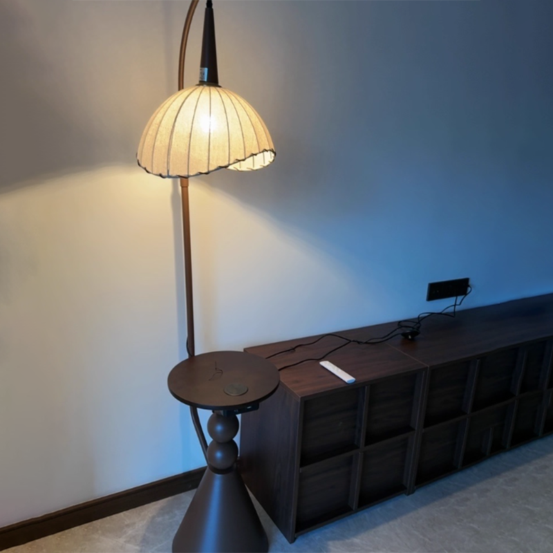 Contemporary Retro Wood Iron Fabric Dome Round Shelf Floor Lamp 1-Light for Living Room