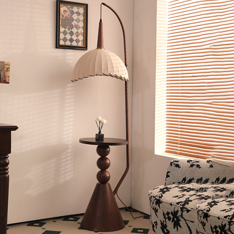Contemporary Retro Wood Iron Fabric Dome Round Shelf Floor Lamp 1-Light for Living Room