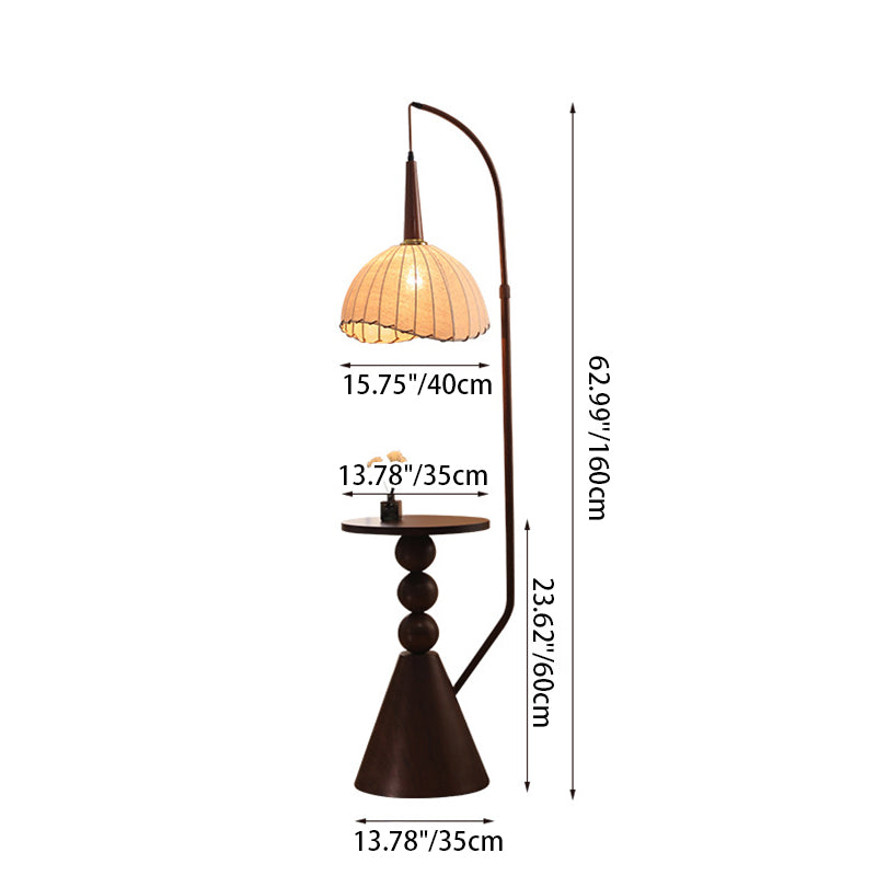 Contemporary Retro Wood Iron Fabric Dome Round Shelf Floor Lamp 1-Light for Living Room