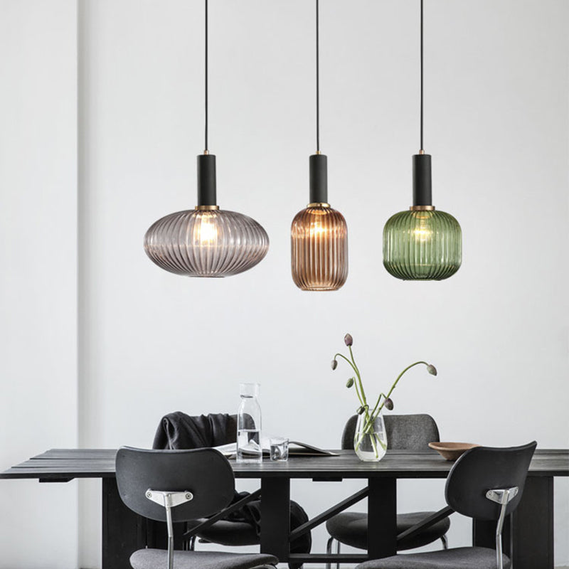 Contemporary Scandinavian Metal Glass Cylinder Lantern Pendant Light - 1-Light for Dining Room