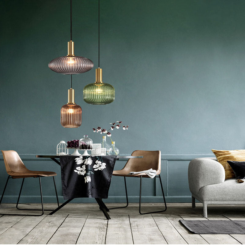 Contemporary Scandinavian Metal Glass Cylinder Lantern Pendant Light - 1-Light for Dining Room