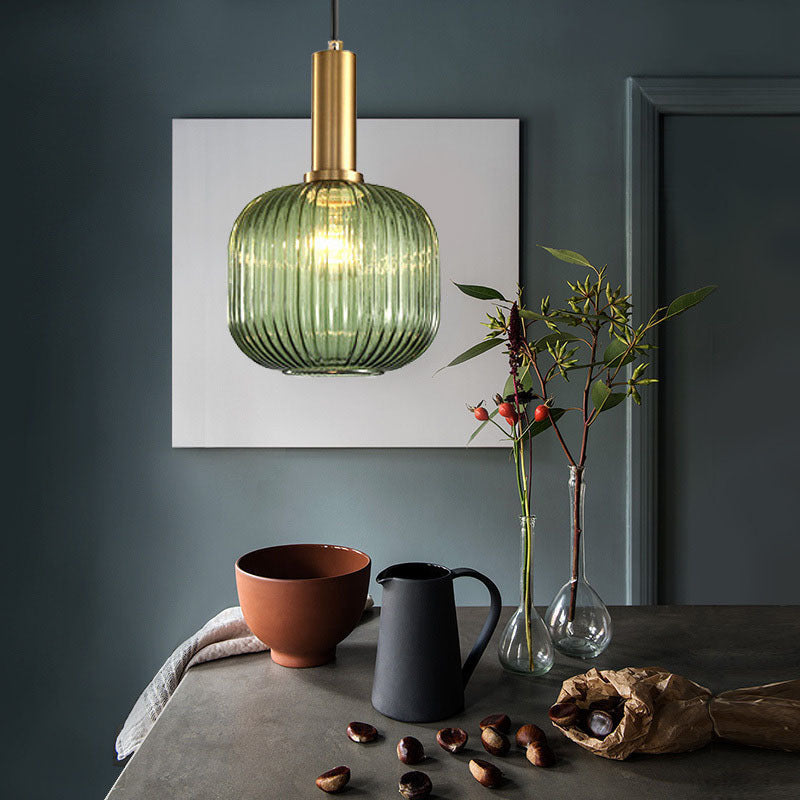 Contemporary Scandinavian Metal Glass Cylinder Lantern Pendant Light - 1-Light for Dining Room