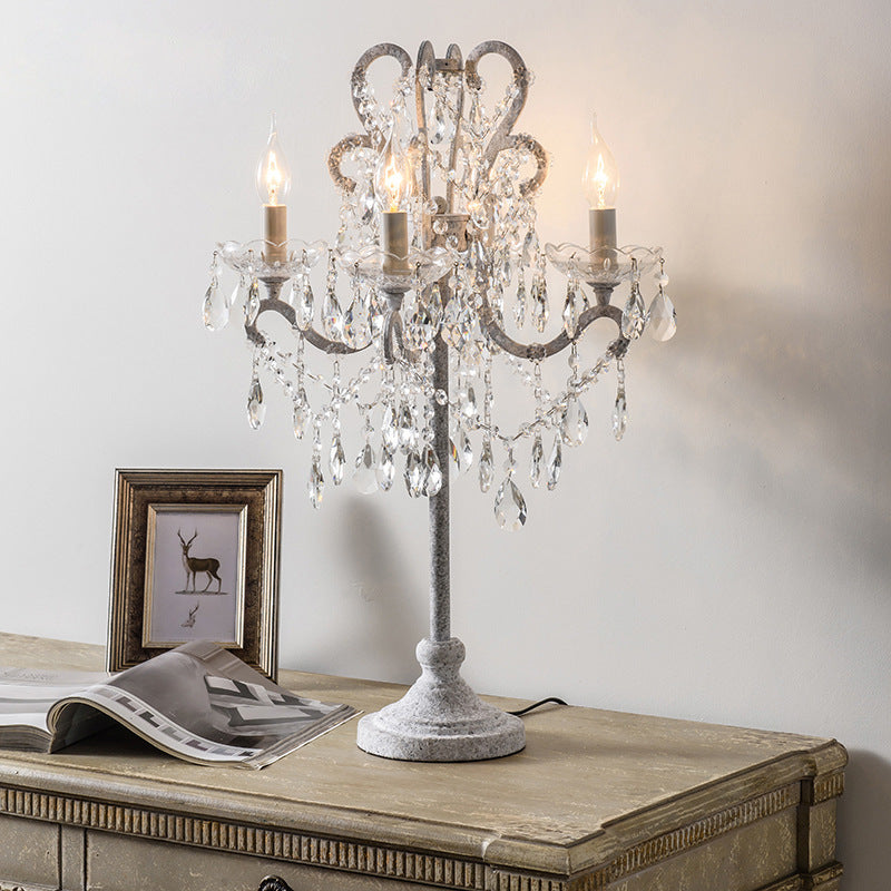 Traditional Vintage Iron Glass Crystal Pendant Candlestick Table Lamp 4-Light for Bedroom