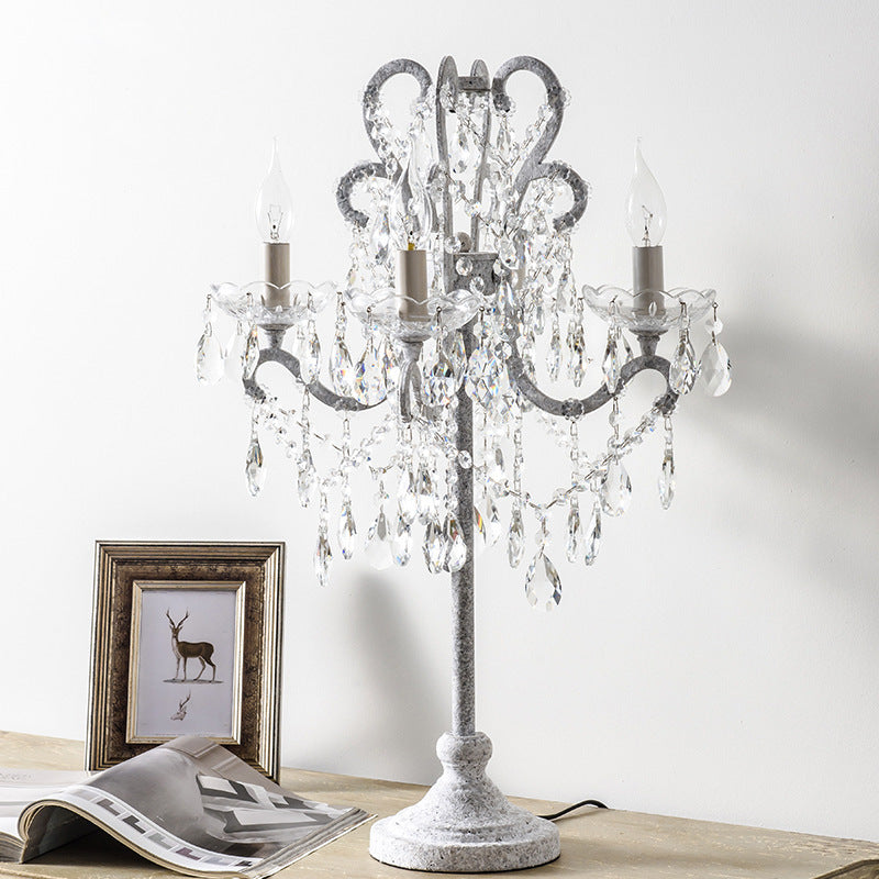 Traditional Vintage Iron Glass Crystal Pendant Candlestick Table Lamp 4-Light for Bedroom
