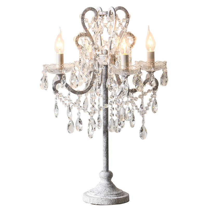 Traditional Vintage Iron Glass Crystal Pendant Candlestick Table Lamp 4-Light for Bedroom