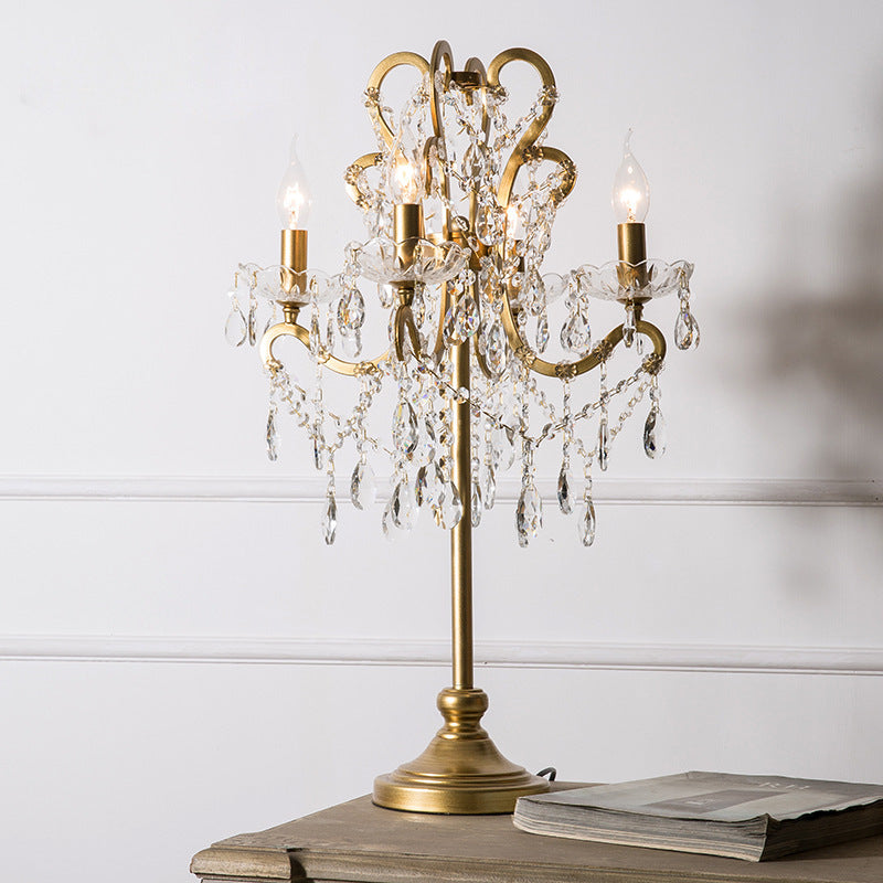 Traditional Vintage Iron Glass Crystal Pendant Candlestick 4-Light Table Lamp for Bedroom Decorative Accent Lighting Elegant Antique Style Home Decor Rustic Chandelier Bedroom Lighting Fixture Classic Design Glamorous Illumination Handcrafted Luxury Table