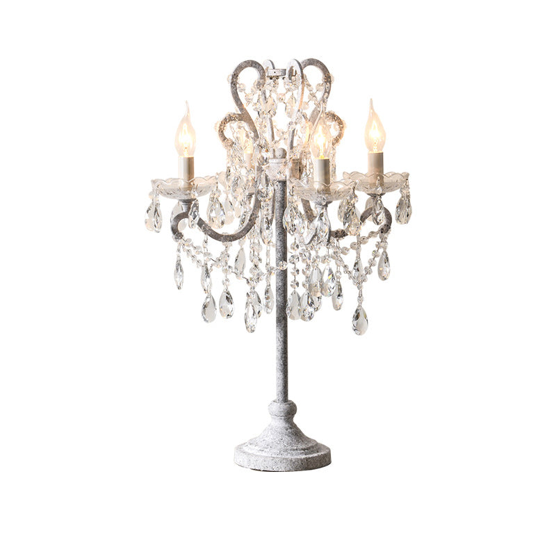 Traditional Vintage Iron Glass Crystal Pendant Candlestick Table Lamp 4-Light for Bedroom