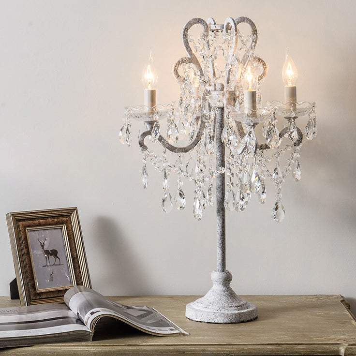Traditional Vintage Iron Glass Crystal Pendant Candlestick 4-Light Table Lamp for Bedroom Decorative Accent Lighting Elegant Antique Style Home Decor Rustic Chandelier Bedroom Lighting Fixture Classic Design Glamorous Illumination Handcrafted Luxury Table