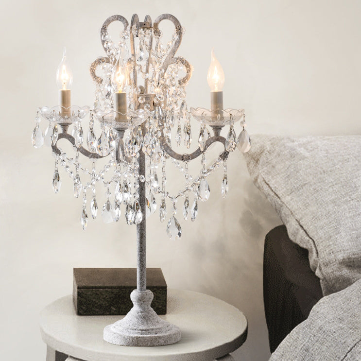 Traditional Vintage Iron Glass Crystal Pendant Candlestick Table Lamp 4-Light for Bedroom