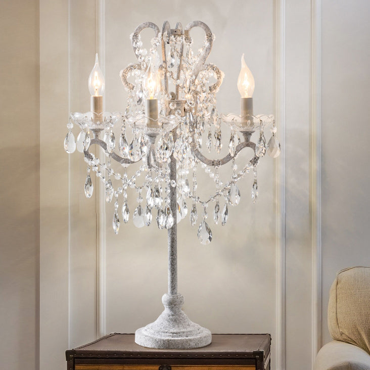 Traditional Vintage Iron Glass Crystal Pendant Candlestick 4-Light Table Lamp for Bedroom Decorative Accent Lighting Elegant Antique Style Home Decor Rustic Chandelier Bedroom Lighting Fixture Classic Design Glamorous Illumination Handcrafted Luxury Table