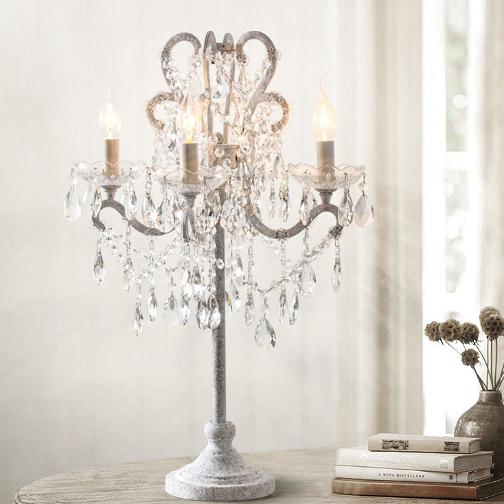 Traditional Vintage Iron Glass Crystal Pendant Candlestick Table Lamp 4-Light for Bedroom
