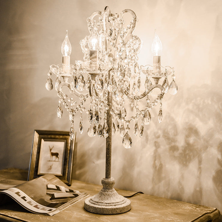 Traditional Vintage Iron Glass Crystal Pendant Candlestick Table Lamp 4-Light for Bedroom