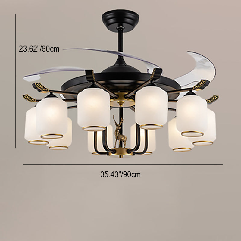 Traditional Chinese Iron Glass ABS Cylinder Deer 10-Light Ceiling Fan Light for Living Room