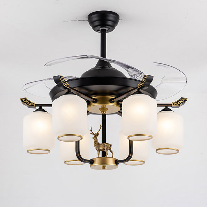 Traditional Chinese Iron Glass ABS Cylinder Deer 10-Light Ceiling Fan Light for Living Room
