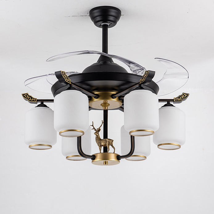 Traditional Chinese Iron Glass ABS Cylinder Deer 10-Light Ceiling Fan Light for Living Room
