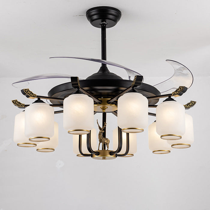 Traditional Chinese Iron Glass ABS Cylinder Deer 10-Light Ceiling Fan Light for Living Room