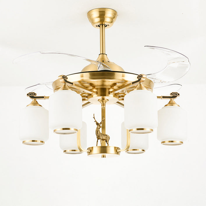 Traditional Chinese Iron Glass ABS Cylinder Deer 10-Light Ceiling Fan Light for Living Room