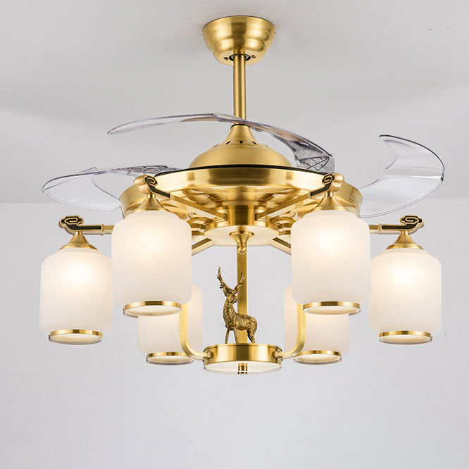 Traditional Chinese Iron Glass ABS Cylinder Deer 10-Light Ceiling Fan Light for Living Room